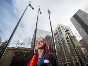 Angela Reid, Trans Equality Society of Alberta (TESA) co-president, talks with media after the Transgender Pride flag raising at the McDougall Centre in Calgary, on November 20, 2016. The flag raising is to remember and honour those whose lives have been lost due to transphobia, hatred or prejudice.
