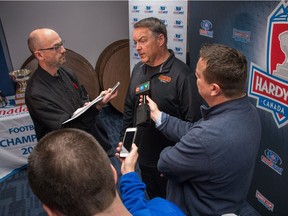 UofC Dinos head coach Wayne Harris speaks with media at McMahon Stadium in Calgary, Ab., on Friday November 11, 2016. The Thunderbirds and the Dinos  meet in Calgary on Saturday in the Hardy Cup. Mike Drew/Postmedia