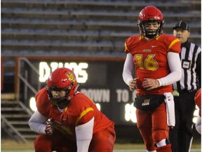 UofC Dinos  Jimmy Underdahl gets set on the line against the St. Francis X-Men in Mitchell Bowl action at McMahon Stadium in Calgary, Alta.. on Saturday November 19, 2016. The Dinos beat the X-Men 50-24.