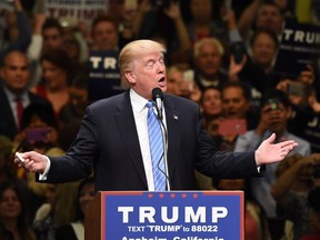 Presumptive Republican presidential candidate Donald Trump speaks at a campaign rally, May 25, 2016 in Anaheim, California.  Donald Trump said that if he is elected US president he would support the Canadian Keystone oil pipeline project that was blocked by President Barack Obama on environmental grounds.Speaking just after he won enough primary delegates to seize the Republican nomination for the White House, Trump told reporters that the project for a new pipeline to carry Canadian crude to the Gulf of Mexico "should be approved." /