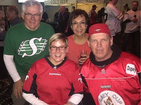 When Harold Gutek's 10-year-old daughter Patti was paralyzed in a ski accident three decades ago, he turned to football to ease her pain. .Harold Gutek (in Sask green) Patti Peck, friend Mechita Harris, unidentified man- supplied Photo/Postmedia