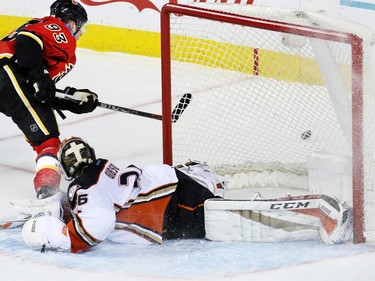 Sam Bennett just misses getting this break-away shot bast Ducks goaltender John Gibson during the NHL action between the Calgary Flames and Anaheim at the Scotiabank Saddledome in Calgary on Thursday December 29, 2016.