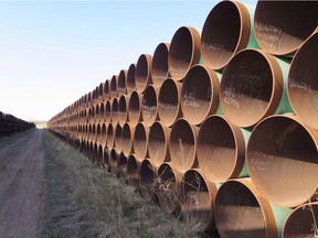 A yard in Gascoyne, ND., which has hundreds of kilometres of pipes stacked inside it that are supposed to go into the Keystone XL pipeline, should it be approved.