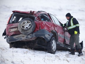 A man is dead and three teenagers were rushed to hospital following this rollover near Strathmore east of Calgary, on Wednesday December 28, 2016.