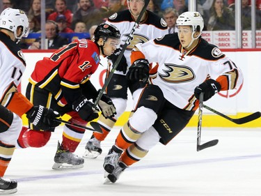 Anaheim Ducks defenceman Brandon Montour, right, plays against the Calgary Flames at the Scotiabank Saddledome in Calgary on Thursday December 29, 2016.