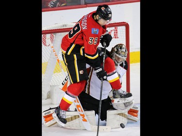Alex Chiasson wasn't quite able to deflect this rebounding puck past Anaheim Ducks goaltender John Gibson during the third period of NHL action between the Calgary Flames and Anaheim at the Scotiabank Saddledome in Calgary on Thursday December 29, 2016.