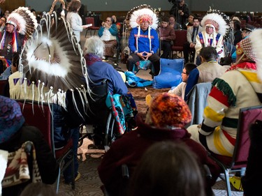 New Tsuut'ina Chief Lee Crowchild, far left and council members attend the official swearing in ceremony at the Grey Eagle Casino Events Centre on Thursday December 8, 2016.