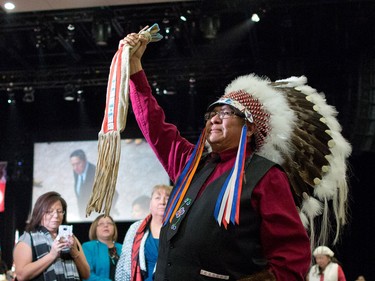 New Tsuut'ina Chief Lee Crowchild acknowledges tribe members and guest following his official swearing in ceremony at the Grey Eagle Casino Events Centre on Thursday December 8, 2016.