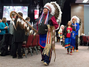 New Tsuut'ina Chief Lee Crowchild leads councillors in a round dance following their official swearing in ceremony at the Grey Eagle Casino Events Centre on Thursday December 8, 2016.
