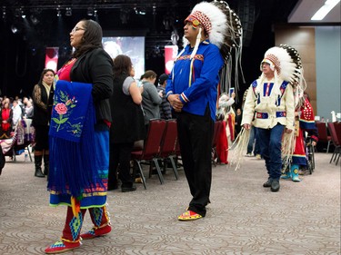 New Tsuut'ina  councillors take part in a round dance following their official swearing in ceremony at the Grey Eagle Casino Events Centre on Thursday December 8, 2016.