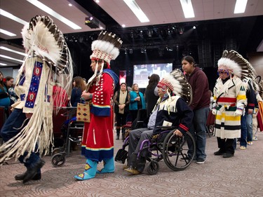 New Tsuut'ina  councillors take part in a round dance following their official swearing in ceremony at the Grey Eagle Casino Events Centre on Thursday December 8, 2016.