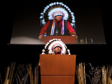 New Tsuut'ina Chief Lee Crowchild talks to the media following his swearing in ceremony at the Grey Eagle Casino Events Centre on Thursday December 8, 2016.