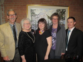 Cal 1210 Carry 5 Celebration and giving thanks were the themes at the retirement party held Nov 24 for outgoing Bow Valley College president and CEO Sharon Carry.   Pictured, with the guest of honour (second from left)  are her brother Tim Carry, daughter Stephanie Talbot, sister-in-law Kathy Carry and son-in-law Stephen Hurley.