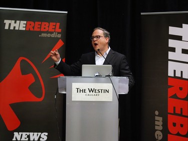Rebel Media's Ezra Levant speaks to a large crowd at an anti carbon tax rally held at the Westin Hotel in Calgary on Sunday December 11, 2016.