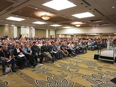 A large crowd listens to Ezra Levant speak during Rebel Media's anti carbon tax rally held at the Westin Hotel in Calgary on Sunday December 11, 2016.