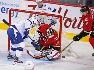 Calgary Flames goaltender Chad Johnson stopped this Tampa Bay Lightning scoring chance during NHL action against the the Tampa Bay Lightning at the Scotiabank Saddledome on Wednesday December 14, 2016.
GAVIN YOUNG/POSTMEDIA