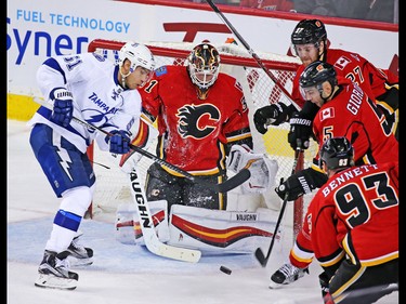 Calgary Flames goaltender Chad Johnson stopped this Tampa Bay Lightning scoring chance from Valtteri Filppula during NHL action against the the Tampa Bay Lightning's Valtteri Filppula at the Scotiabank Saddledome on Wednesday December 14, 2016.
GAVIN YOUNG/POSTMEDIA