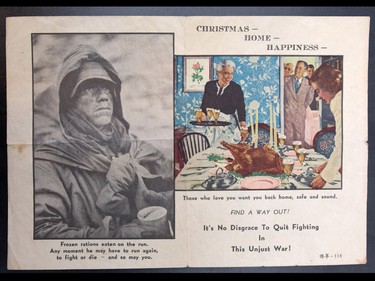 A North Korean Christmas propaganda leaflet dropped on the enemy is one of a variety of historic Christmas items in the collection at the Military Museums in Calgary. The items were photographed on Tuesday December 20, 2016.