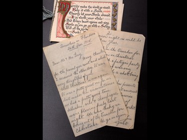 A Christmas letter sent home from the front lines in World War I from William Proven is one of a variety of historic Christmas cards and letters from soldiers in the collection at the Military Museums in Calgary. The items were photographed on Tuesday December 20, 2016.