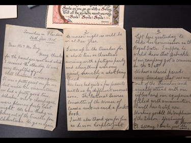 A Christmas letter sent home from the front lines in World War I from William Proven is one of a variety of historic Christmas cards and letters from soldiers in the collection at the Military Museums in Calgary. The items were photographed on Tuesday December 20, 2016.