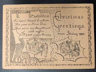 A Christmas card from a World War II German prison camp  is one of a variety of historic Christmas cards and letters from soldiers in the collection at the Military Museums in Calgary. The items were photographed on Tuesday December 20, 2016.