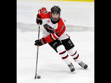 The CFR Chemical Bisons' Peyton Krebs warms up before the team's game against the Alaska Oilers in the 2016-17 Mac's Midget Hockey Tournament at the Max Bell Arenas on Tuesday December 27, 2016.