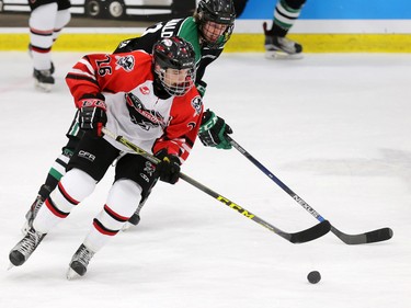 The CFR Chemical Bisons' Peyton Krebs in action against the Alaska Oilers in a Mac's Midget Hockey Tournament game at the Max Bell Arenas on Tuesday December 27, 2016.