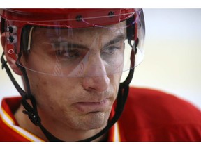 Calgary Flames' Garnet Hathaway skates during warm up before playing against the Arizona Coyotes at the Scotiabank Saddledome in Calgary on Saturday, Dec. 31, 2016. (Jim Wells)