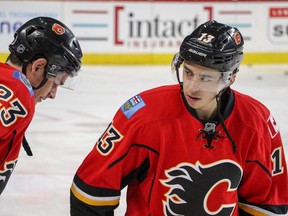 Calgary Flames Johnny Gaudreau back on the ice with Sean Monahan against the Anaheim Ducks in NHL hockey action at the Scotiabank Saddledome in Calgary, Alta. on Sunday December 4, 2016.