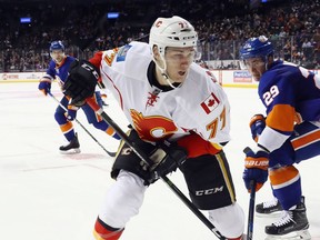 Mark Jankowski of the Calgary Flames skates in his first NHL game against the New York Islanders at the Barclays Center on November 28, 2016 in New York City.