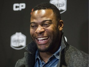 Calgary Stampeders' defensive lineman Charleston Hughes, speaks at a press conference after arriving in Toronto on Tuesday, November 22, 2016, ahead of the CFL final to be held in Toronto on Sunday.