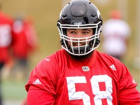 Calgary Stampeders offensive lineman Cameron Thorn at a practice session to get ready for the western final against the BC Lions at McMahon Stadium in Calgary, Alta.. on Friday November 18, 2016.