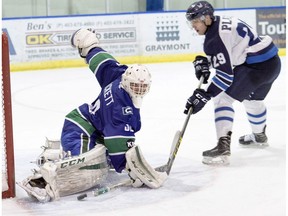 Canmore Eagles forward Bryce Platt fires the puck at goalie Logan Drackett who bumps it off his knee pad during an AJHL game against the Calgary Canucks at the Canmore Rec Centre on Tuesday, Nov. 15, 2016.