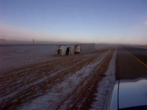 RCMP released this photo of a semi that rolled over on the southbound lanes of highway 2 Monday, Dec. 19.