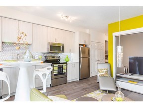 The kitchen in the F plan show suite in the lighter "cosmic chic" design theme at My Legacy Park.