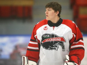 Foothills CFR Chemical Bisons goalie Ben Laidlaw is shown in net during a game against the Calgary Northstars in Calgary, Alta on Wednesday December 21, 2016. Laidlaw will be plaing in the Mac's Midget Tournament. Jim Wells//Postmedia