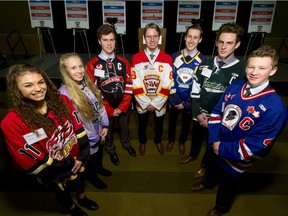 (L-R) McKenna Bond (Calgary Fire), Kennedy Brown (Rocky  Mountain Raiders), Brett Trentham (CFR Chemicals Bisons), Aiden Mucenski (Calgary Flames), Eric Gilholme (Calgary Royals), Tyler Lowe (Calgary Northstars), and Dylan Anhorn (Calgary Buffaloes), the captains from seven host teams for the upcoming Mac's Tournament, stand for a photo during a team-reveal event at the Westin Hotel in Calgary, Alta., on Wednesday, Dec. 7, 2016. The iconic Midget AAA hockey tournament is in its 36th year and includes teams from around the world; it runs Dec. 26 to Jan. 1.