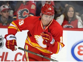 Calgary Flames forward Matthew Tkachuk warms up prior to during NHL action against the Winnipeg Jets at the Scotiabank Saddledome in Calgary on Saturday December 10, 2016.