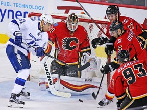 Calgary Flames goaltender Chad Johnson stopped this Tampa Bay Lightning scoring chance from Valtteri Filppula during NHL action against the the Tampa Bay Lightning's Valtteri Filppula at the Scotiabank Saddledome on Wednesday December 14, 2016. GAVIN YOUNG/POSTMEDIA