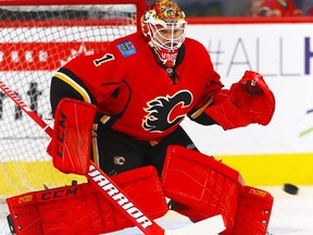 Calgary Flames Brian Elliott during the pre-game skate before playing the Dallas Stars in NHL hockey in Calgary, Alta., on Thursday, November 10, 2016.