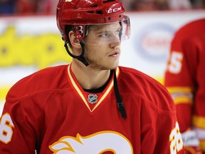 Calgary Flames defenceman Tyler Wotherspoon warms up prior to during NHL action against the Winnipeg Jets at the Scotiabank Saddledome in Calgary on Saturday December 10, 2016. GAVIN YOUNG/POSTMEDIA