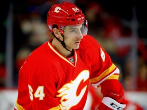 Calgary Flames Garnet Hathaway during the pre-game skate before playing the New York Rangers in NHL hockey in Calgary, Alta., on Nov. 12, 2016.