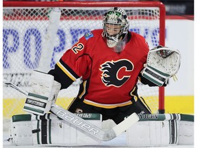 Calgary Flames Tyler Parsons warms up before facing the Vancouver Canucks during pre-season hockey in Calgary, Alta., on Thursday, September 29, 2016.