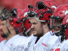 Calgary Stampeders Charlie Power (middle) at practice at McMahon Stadium in NW Calgary, Alta.. on Monday June 15, 2015. Stuart Dryden/Calgary Sun/Postmedia Network