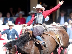Zeke Thurston from Big Valley, AB, was the big winner for the Saddle-Bronc Championships at the Calgary Stampede rodeo in Calgary on Sunday July 12, 2015.