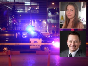 Inset photos: Jessica Patterson and her husband Joseph Larson. Police at the scene of Patterson's fatal shooting by a Calgary police officer on Nov. 29, 2016 in Sunalta.