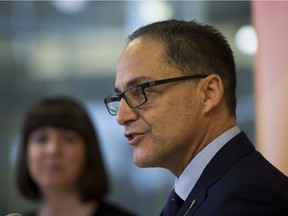 Finance Minister Joe Ceci and Edmonton Castle Downs MLA Nicole Goehring speak to members of the media about the upcoming budget consultations and options for Albertans to provide their feedback and comments. Taken on Monday, January 9, 2017  in Edmonton.  Greg  Southam / Postmedia  (To go with a Emma Graney story  .)