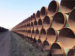 A yard in Gascoyne, N.D., which has hundreds of kilometres of pipes stacked inside it that were supposed to go into the Keystone XL pipeline.