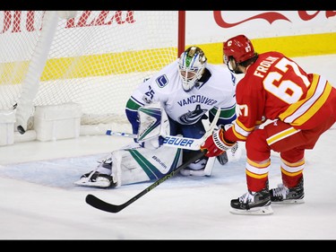 The Calgary Flames' Michael Frolik scores the game winner on Vancouver Canucks goaltender Jacob Markstrom during third period NHL action at the Scotiabank Saddledome in Calgary on Saturday January 7, 2017.