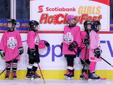 Novice level girls take part in the Scotiabank Girls HockeyFest at the Scotiabank Saddledome in Calgary on Sunday January 8, 2017.